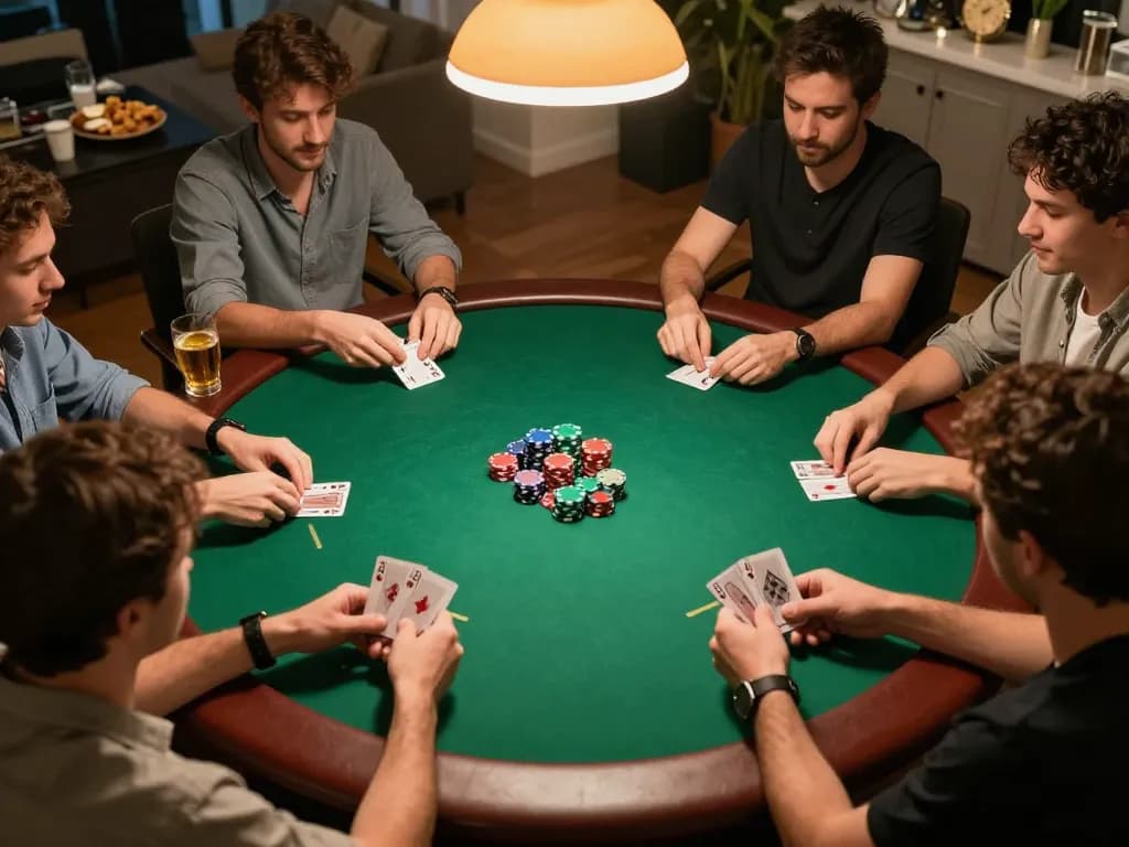 Playing poker with friends during a home game night featuring chips and cards on the DW8 table.