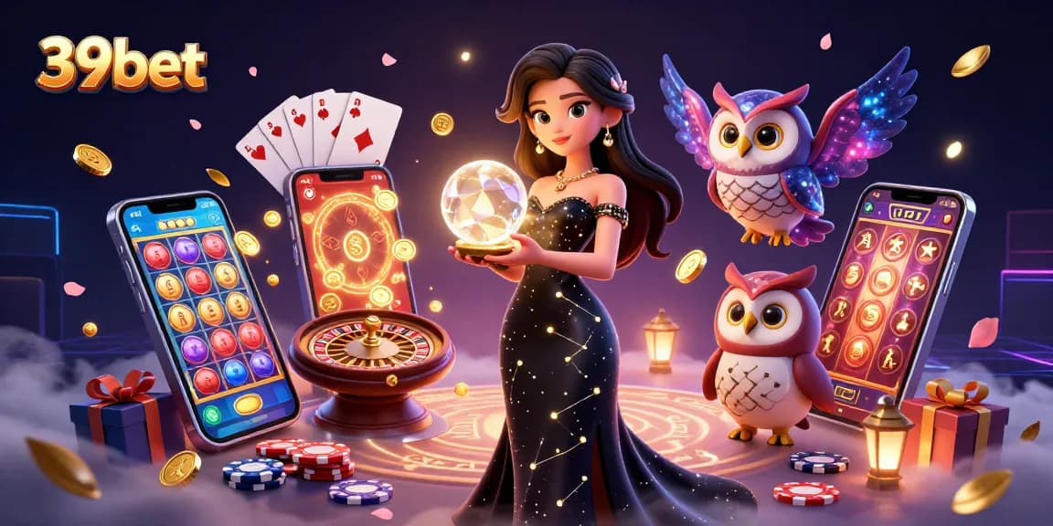 Experience the thrill of 39bet with a stunning illustration featuring a mystical woman and an owl amidst casino elements.