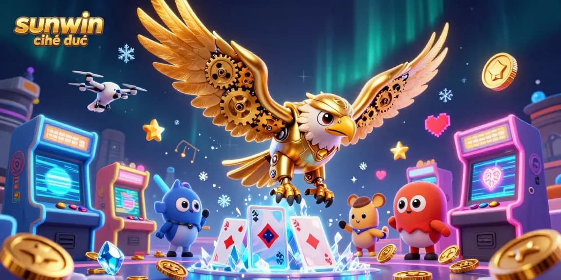 Experience thrilling gameplay at sunwin chính thức with a dazzling cybernetic eagle soaring through a vibrant casino scene.