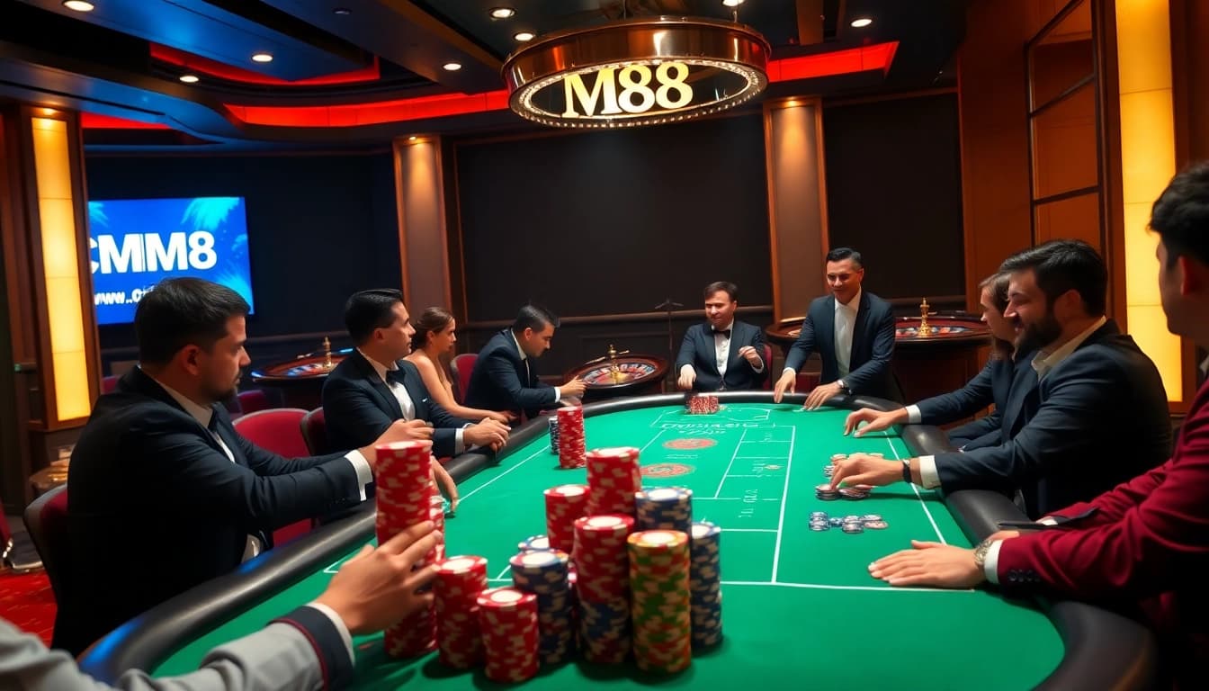 Players engaging at a high-stakes poker table with CM88 branding and vibrant chips.