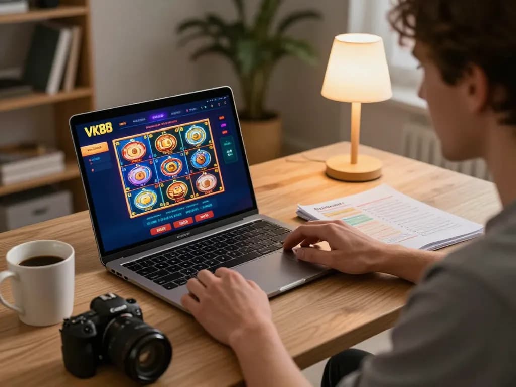 Players enjoying the VK88 casino games on tablets with vibrant graphics in a cozy home setup.