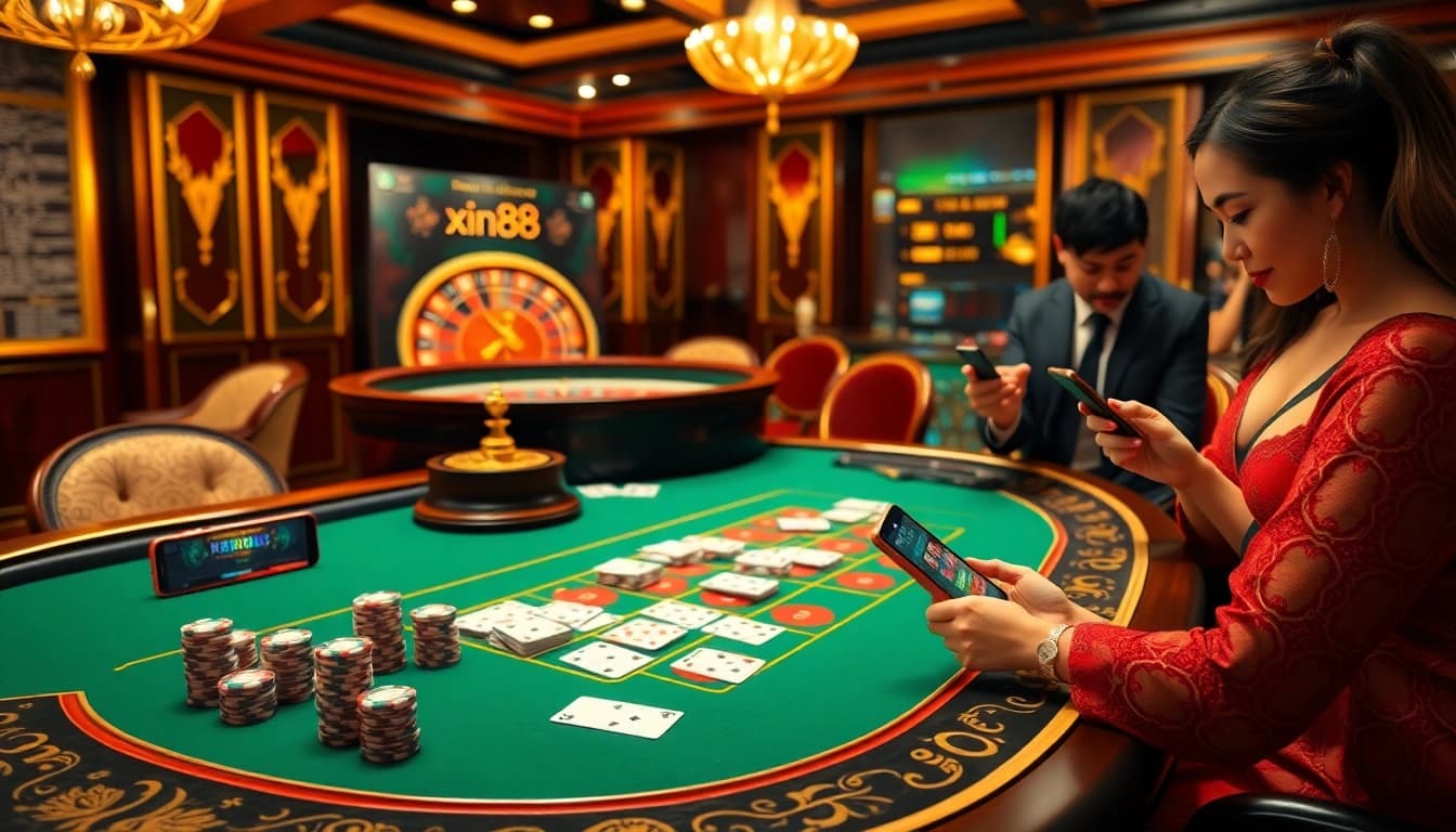 Enjoying a thrilling game at xin88’s luxurious casino table with live poker action.
