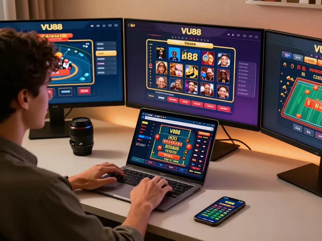 Engaged player using the VU88 online casino platform at a modern workspace to place bets.