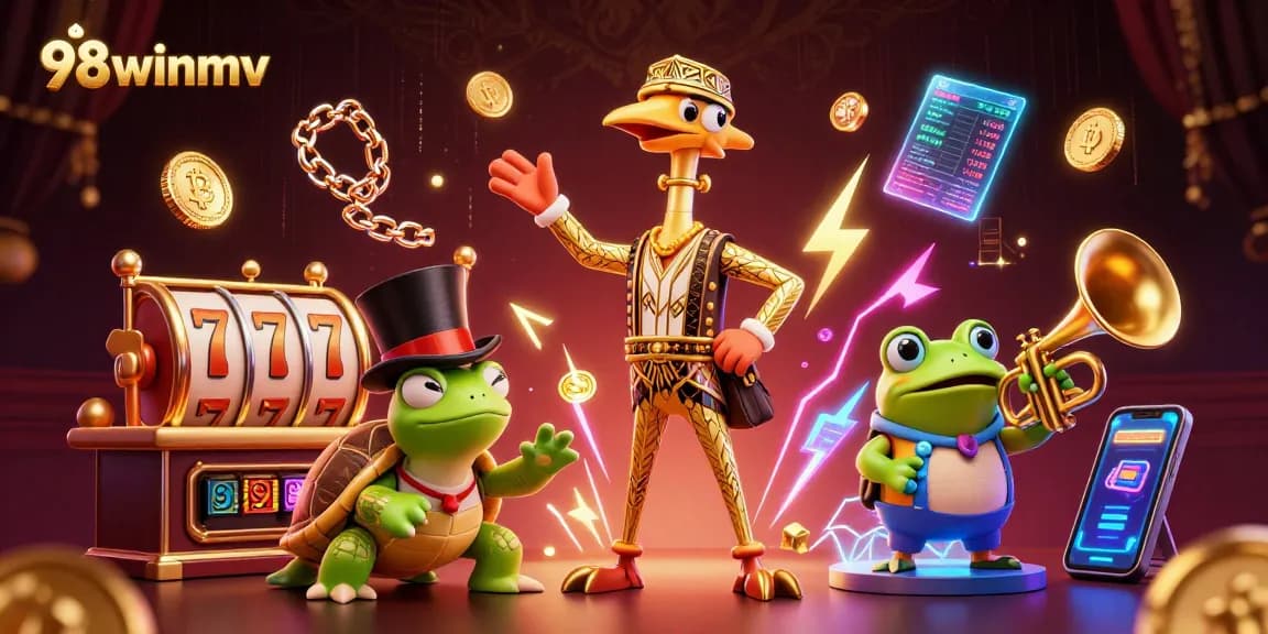 Engage with thrilling jackpots and bonuses at 98winmv, featuring a vibrant cartoon casino scene.