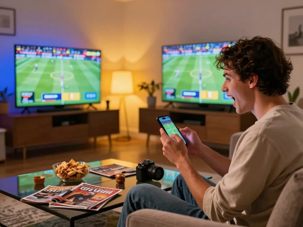 Player testing strategies with yo88i app on smartphone while enjoying a lively home sports betting atmosphere.