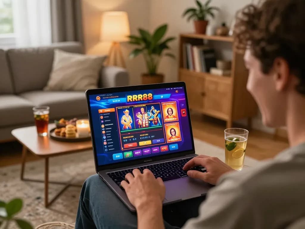 Engaged user playing RR88 online casino games on a laptop in a cozy home setting