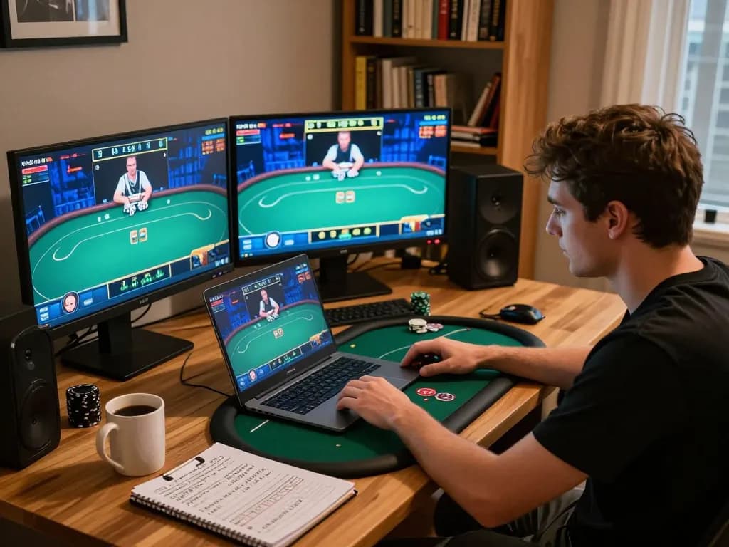 Player engaged in online poker strategies using a laptop while managing bankroll, showcasing the excitement of sc88.