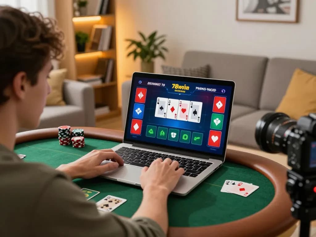 Player enjoying 78win poker game at home, showcasing immersive online casino experience.
