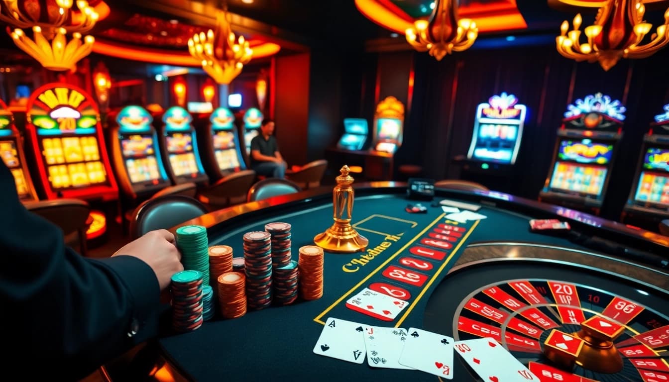 Players engaging in thrilling gambling action around the Du88 roulette table and slot machines.