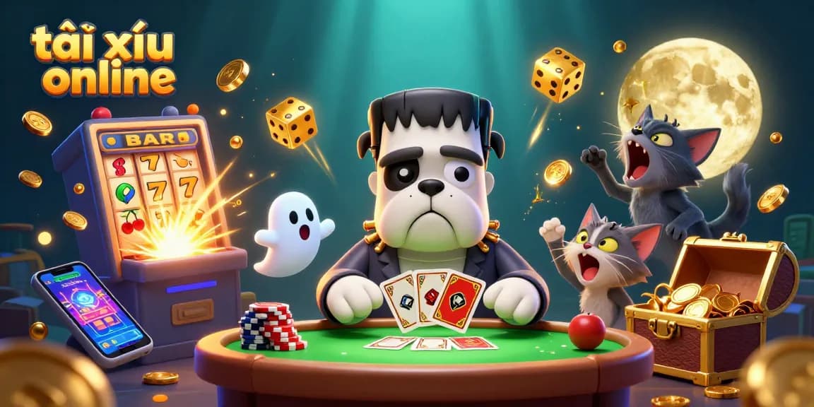 Experience thrilling gameplay with a cartoon Frankenstein bulldog in a vibrant tài xỉu online scene full of exciting casino elements.