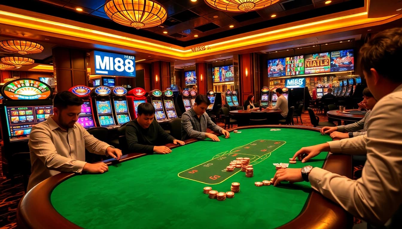 Engaging scene showcasing poker action at MI88.com.mx, complemented by vibrant slot machines and roulette wheels.