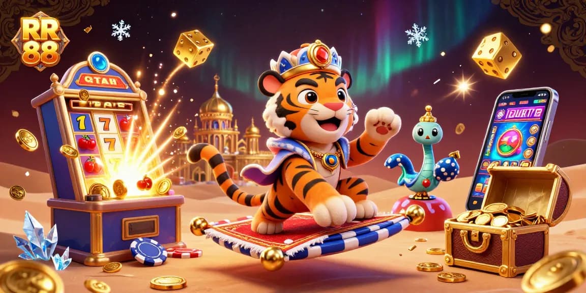 Engage with RR 88's thrilling casino scene featuring an Arabian sultan amidst a jackpot explosion.
