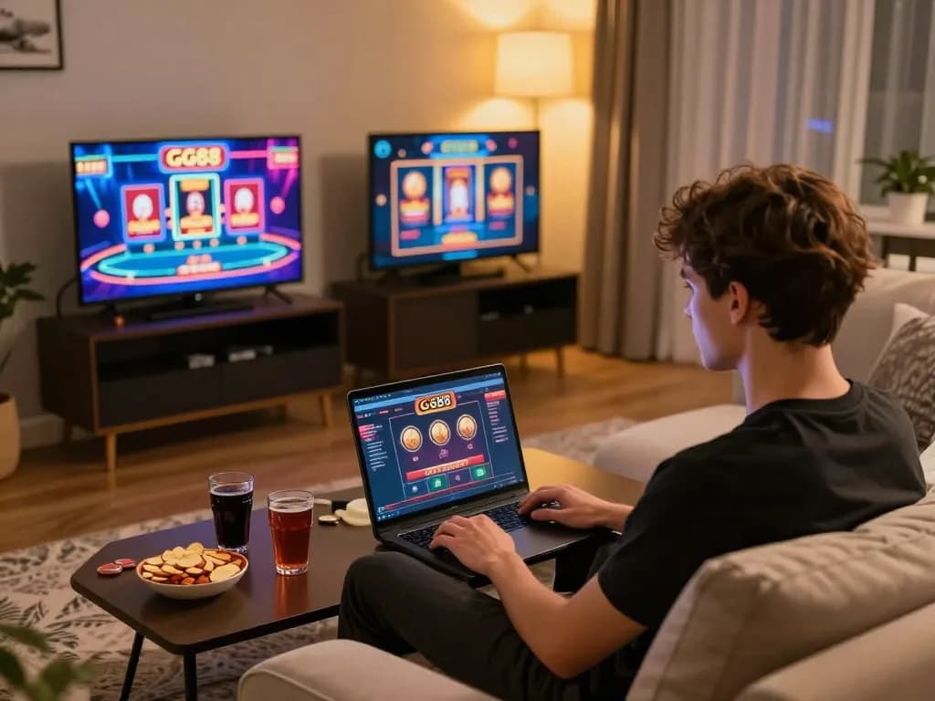 GG88 user engaging with online casino games on laptop in a cozy home environment.