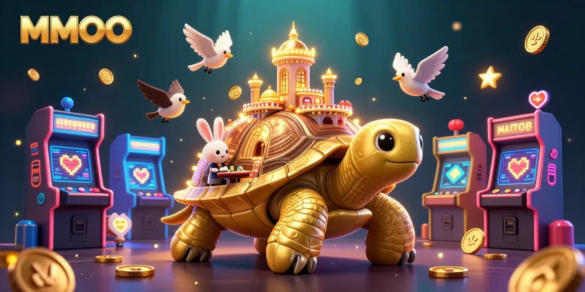 Engage with the vibrant world of MMOO through a casino-themed 3D illustration featuring a golden tortoise with gameplay elements.