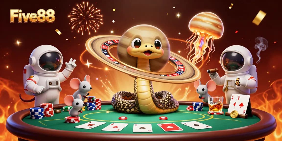 Gamblers explore the Five88 casino universe with dynamic characters and vibrant elements.