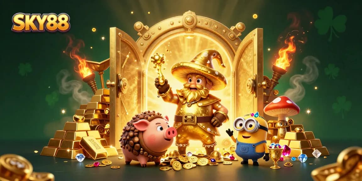 Experience the magic of SKY88 with treasures, wizards, and golden slots in this vibrant casino scene.