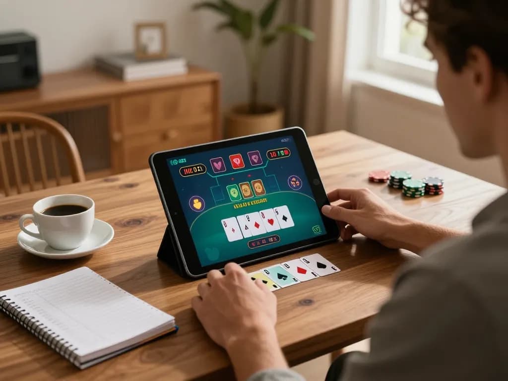 Pemain menikmati permainan blackjack online v87 di tablet dalam suasana rumah yang nyaman.