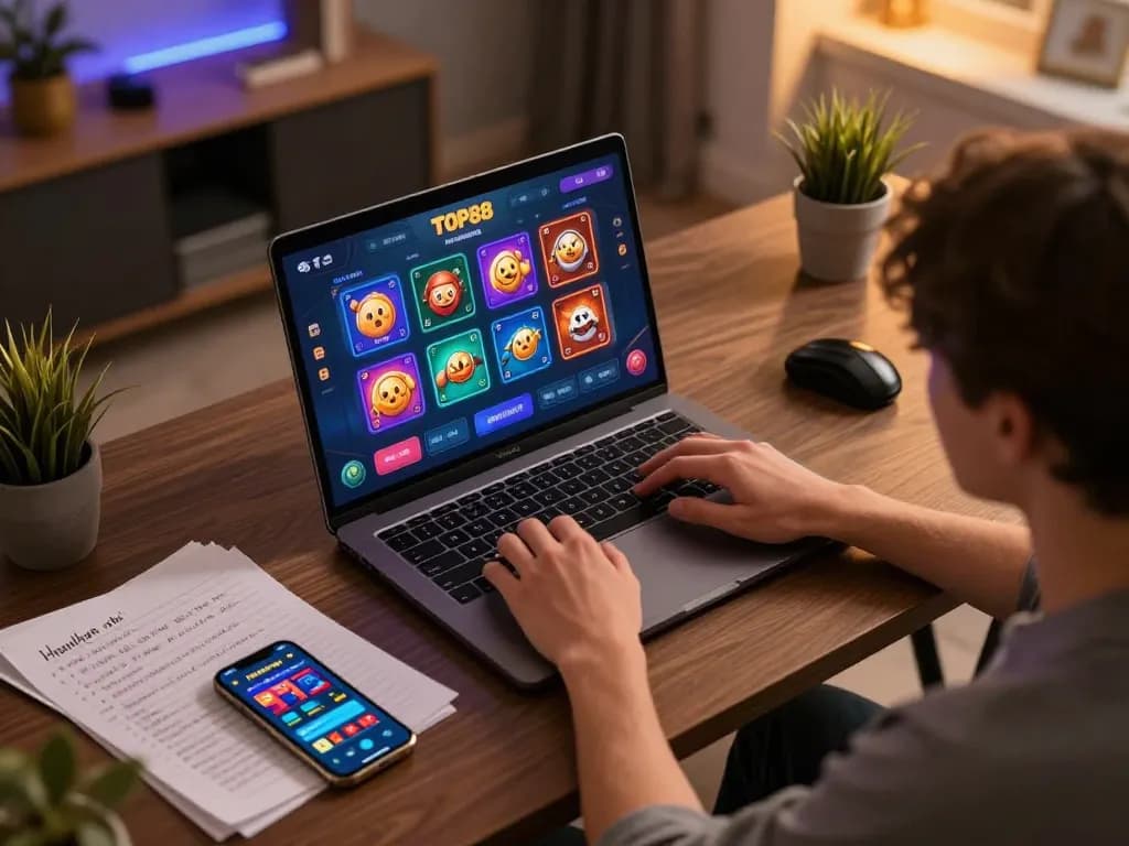 Engaging with TOP88 online casino games on a laptop in a modern home setup.