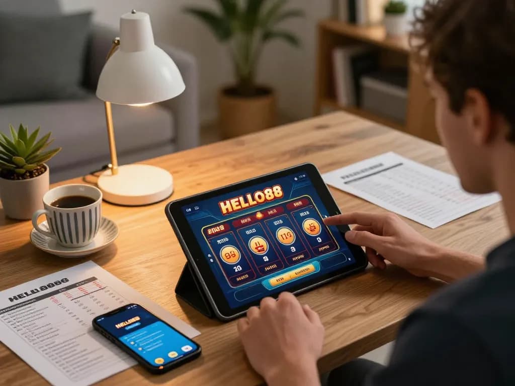 Engaging with HELLO88 app during online gaming session on tablet.