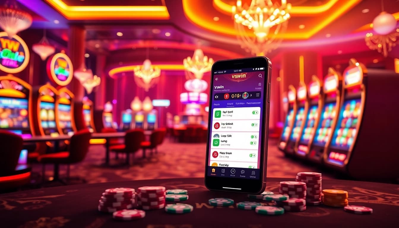 Exciting scene featuring the vswin app on a smartphone amidst vibrant casino atmosphere with colorful poker chips.