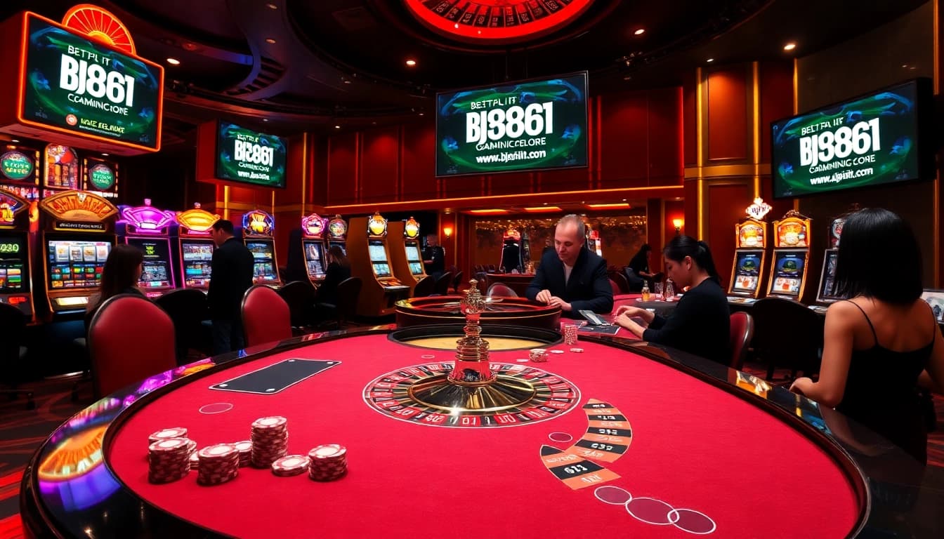 Casino gaming at https://bj881.it.com/ with lively roulette, poker chips, and vibrant slot machines.