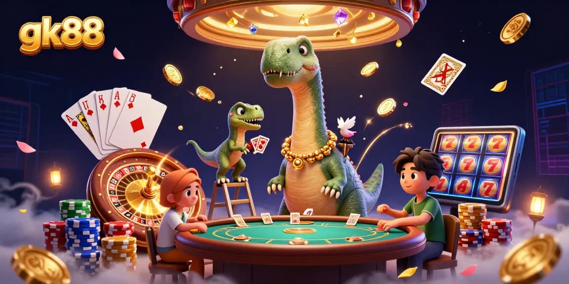 Encounter the thrill of gk88 with a delightful casino-themed scene featuring vibrant characters and exciting game elements.