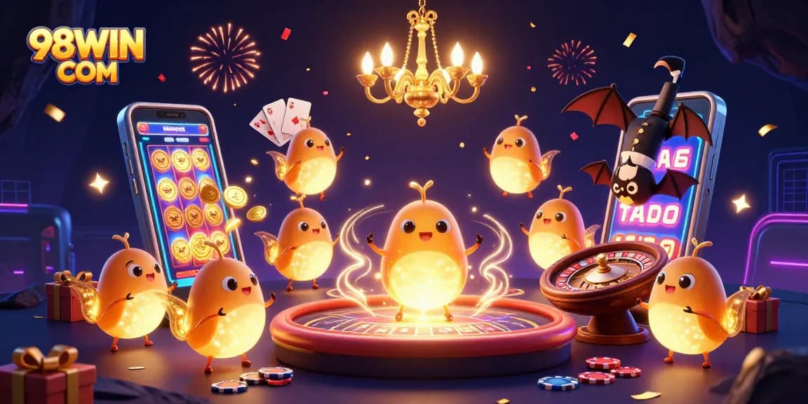 Engage with exciting games at 98WIN COM in this vibrant casino scene featuring glowworms and dynamic elements.