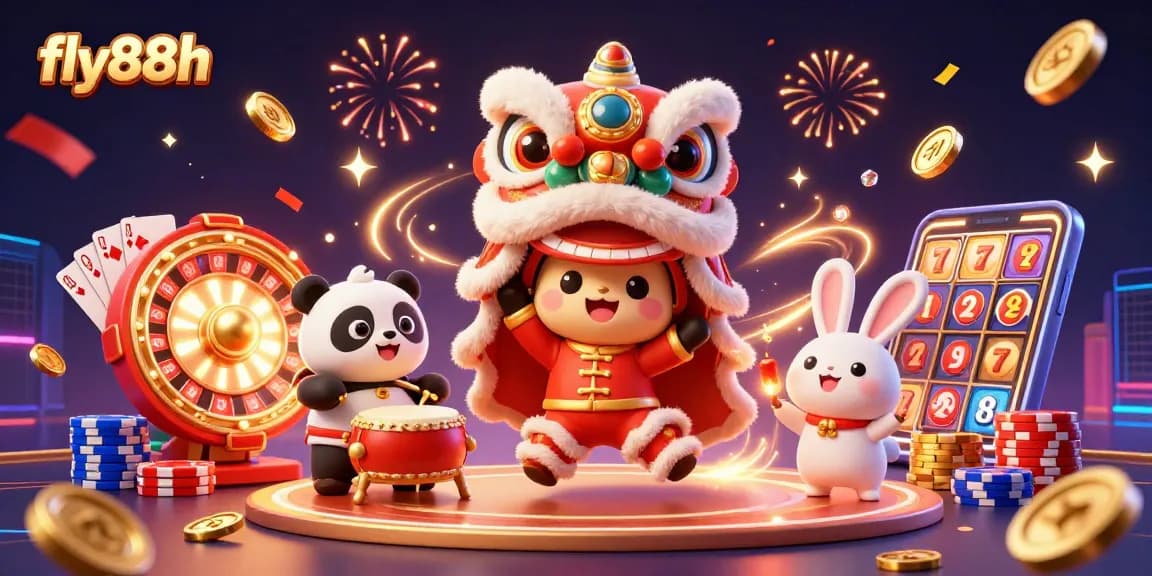 Experience winning at fly88h with vibrant lion dance and cascading casino treasures.