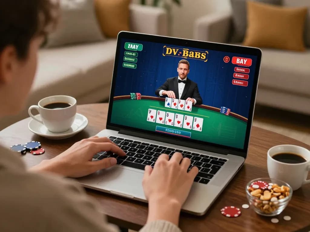 Engaging in online blackjack at https://8xx.space/ with a cozy home setup, showcasing a live dealer and warm atmosphere.