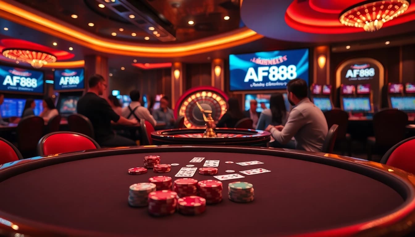 Players enjoy an exciting poker game at AF88 casino, with vibrant tables and roulette action.