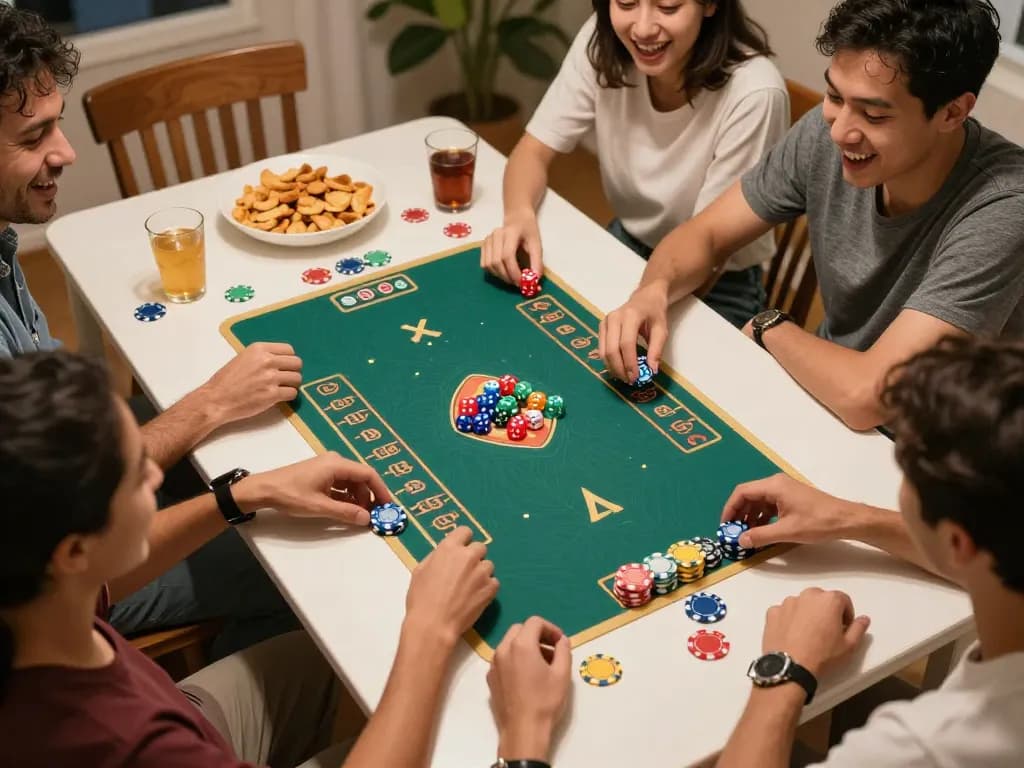 Players enjoying tai xiu during a fun home game night with colorful dice and chips.