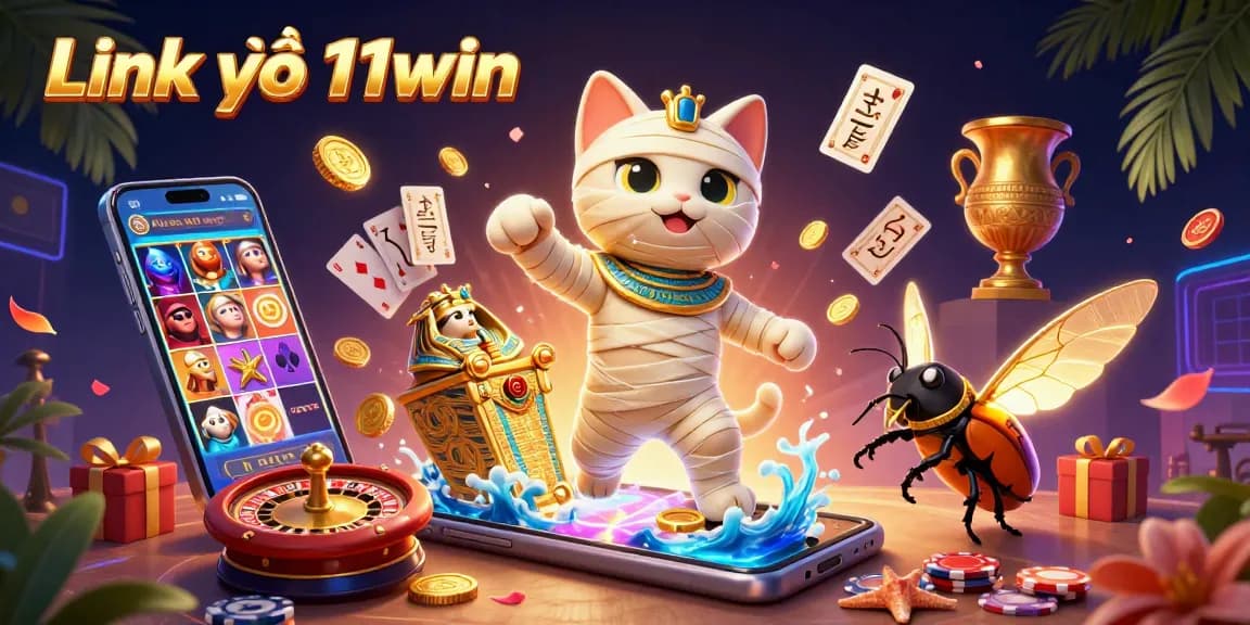 Experience thrilling gameplay at Link vào 11win with a dynamic scene of a cartoon mummy and exciting casino elements.