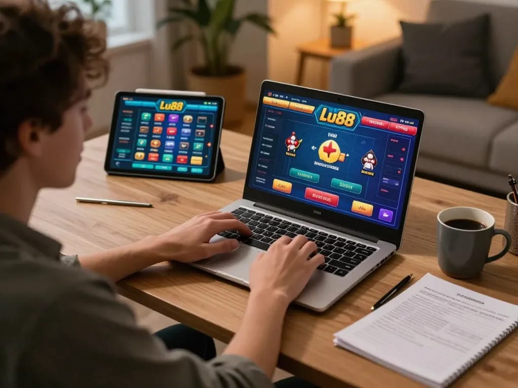 Lu88 online gaming setup with a player engaged in casino games and strategic betting notes on desk.