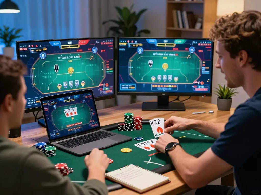 Player strategizing in an online poker game at their desk on TR88, with vibrant interface and focused atmosphere.