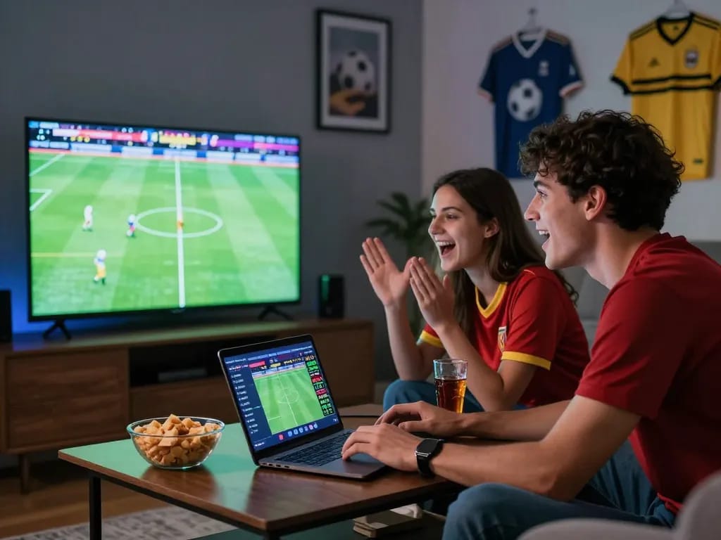 Cá độ bóng đá scene with excited couple placing bets on laptops while watching football match