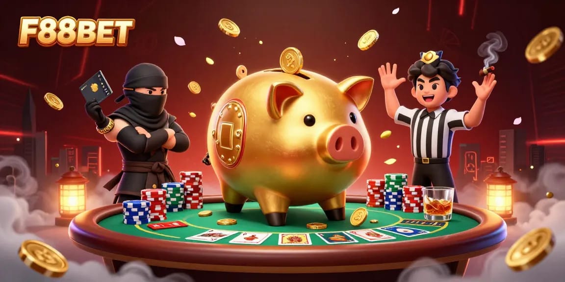 Engage in the thrilling world of F88BET with a dynamic scene of casino action featuring striking characters and vibrant elements.