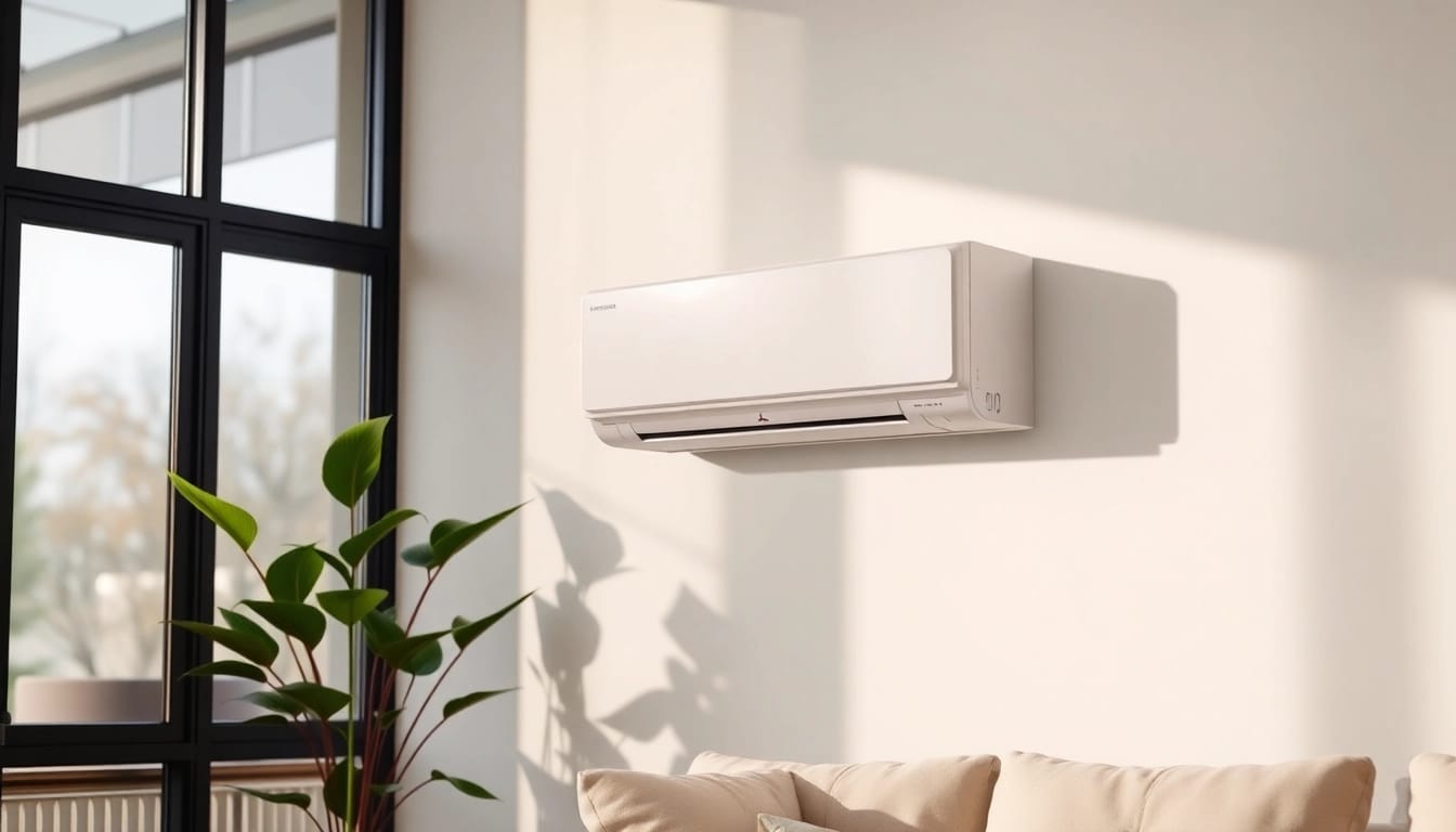 Showcase of Mitsubishi mini split AC system blending with modern living room décor.