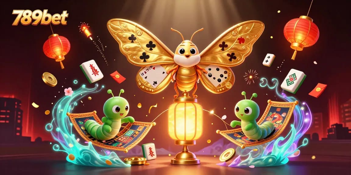 Engage with 789bet's vibrant casino experience featuring golden-winged moths and festive gaming elements.