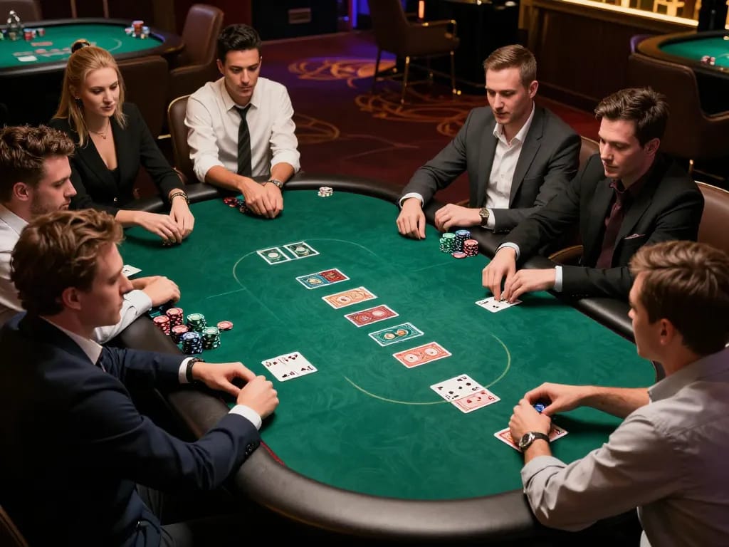 Players strategizing in a poker game at WestAce Casino, illuminated by luxurious lighting and vibrant chips.