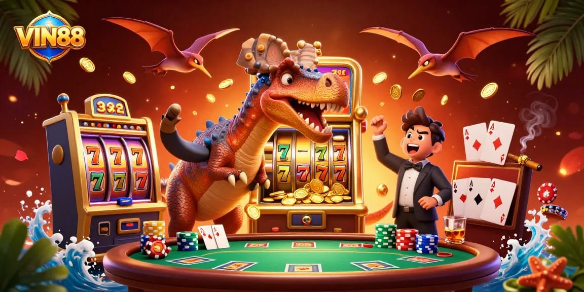 Experience the thrill of VIN88 as a dinosaur triggers a jackpot, amidst vibrant casino elements.