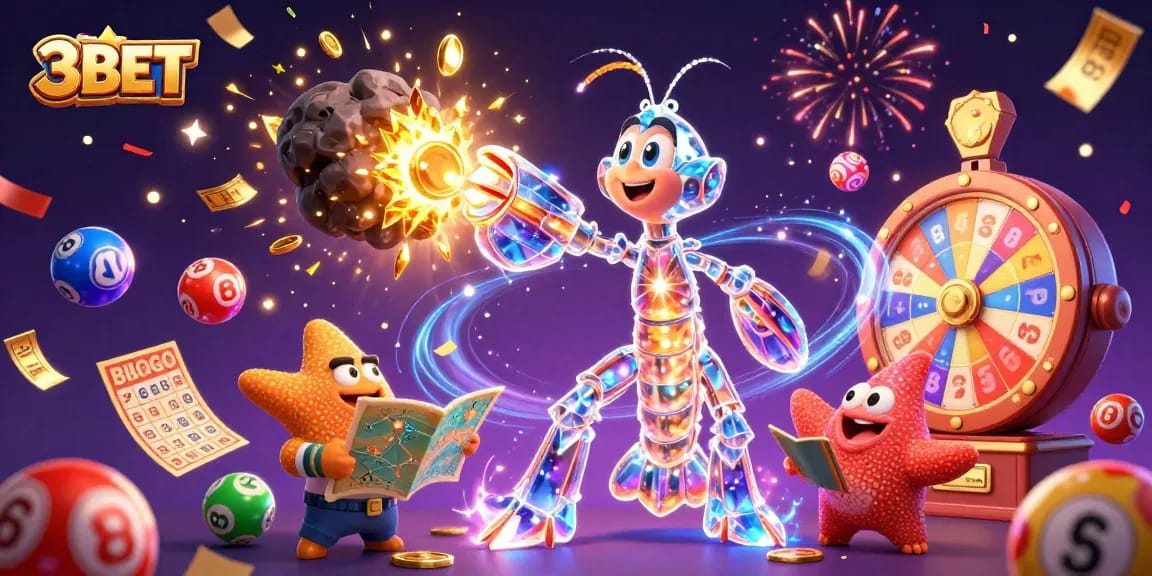 3BET samurai mantis shrimp and starfish celebrate gambling wins with golden coins and lottery elements.