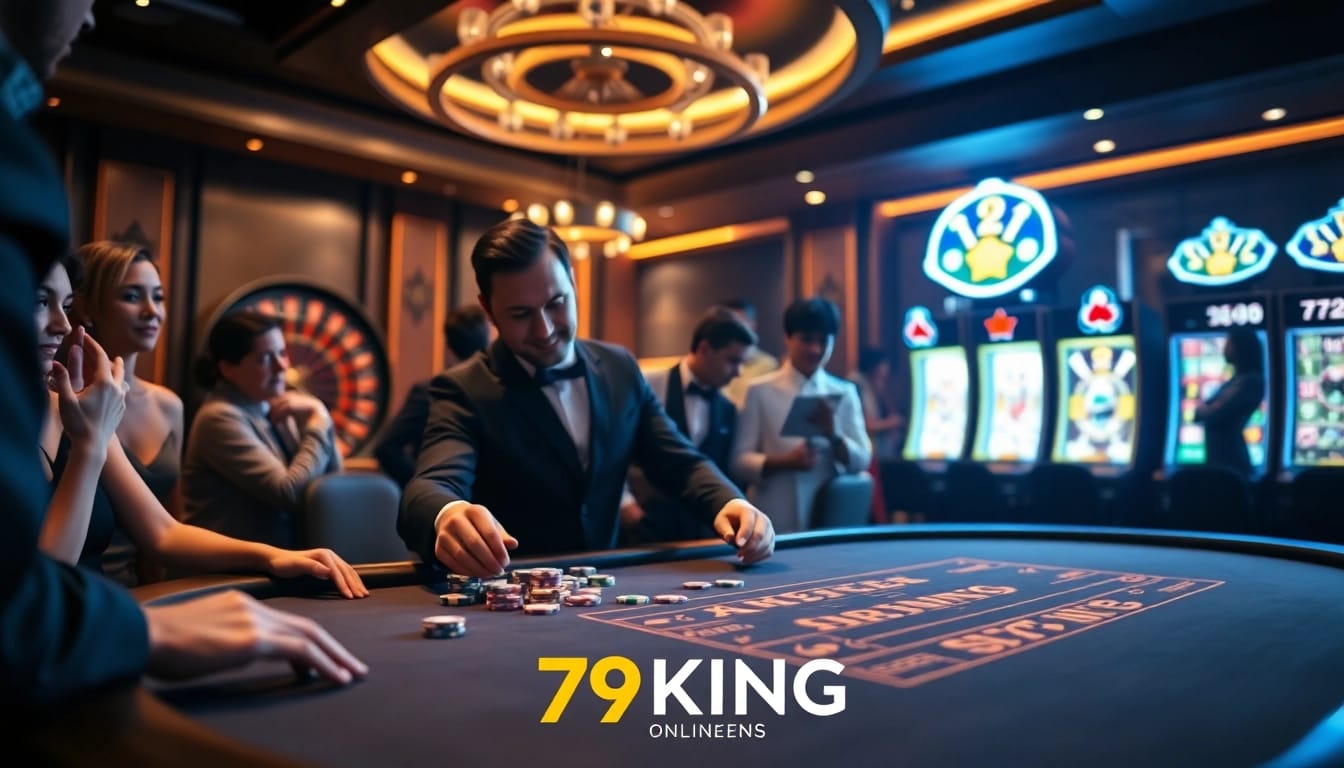 Excited players enjoying poker at the 79KING casino table with vibrant chips and elegant ambiance.