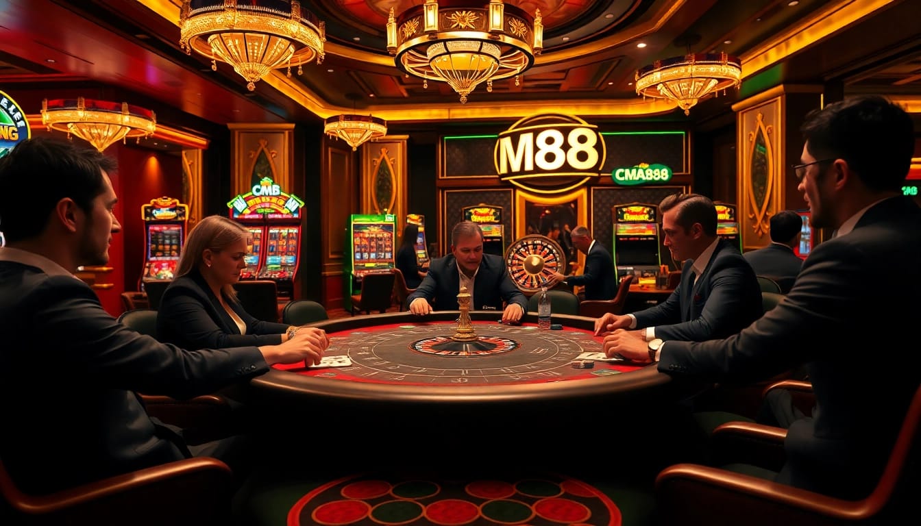 Gamblers experience the excitement of playing poker at a luxurious casino table featuring CM88 elements and vibrant decor.