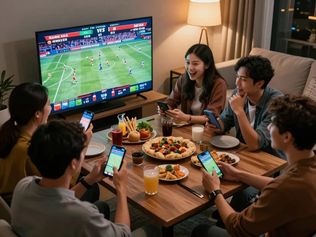 Friends engaging in exciting sports betting with TIP88 on mobile apps during game night