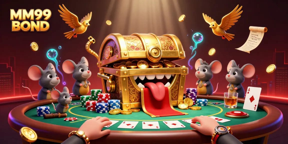 Experience the excitement of MM99 BOND as adventurer mice are lured to a golden treasure chest in a vibrant casino scene.
