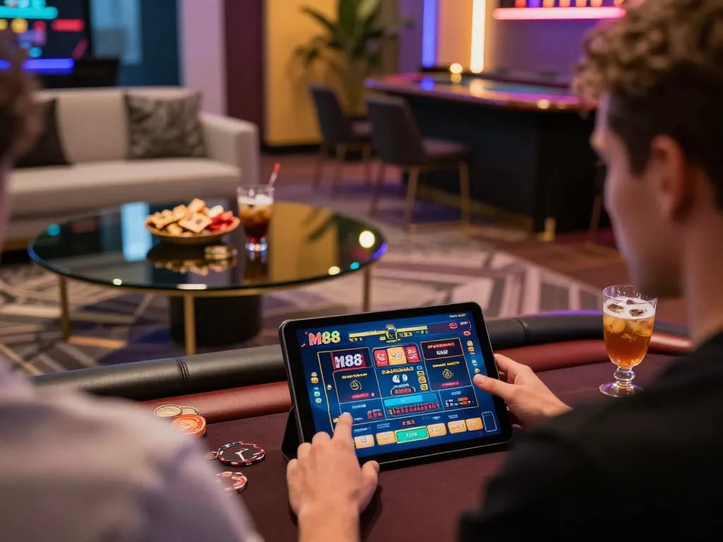 Engaging with online casino games at https://www.mnm88.com/, showcasing tablet interface and a cozy atmosphere