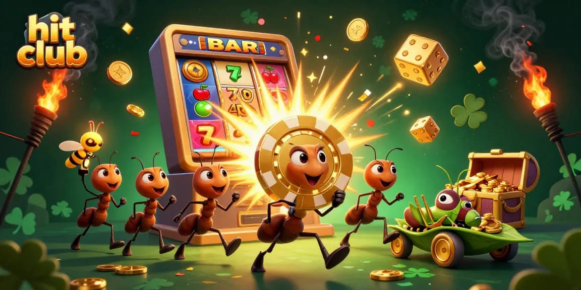 Hit club showcases a team of ants carrying a golden poker chip amidst a vivid casino heist.