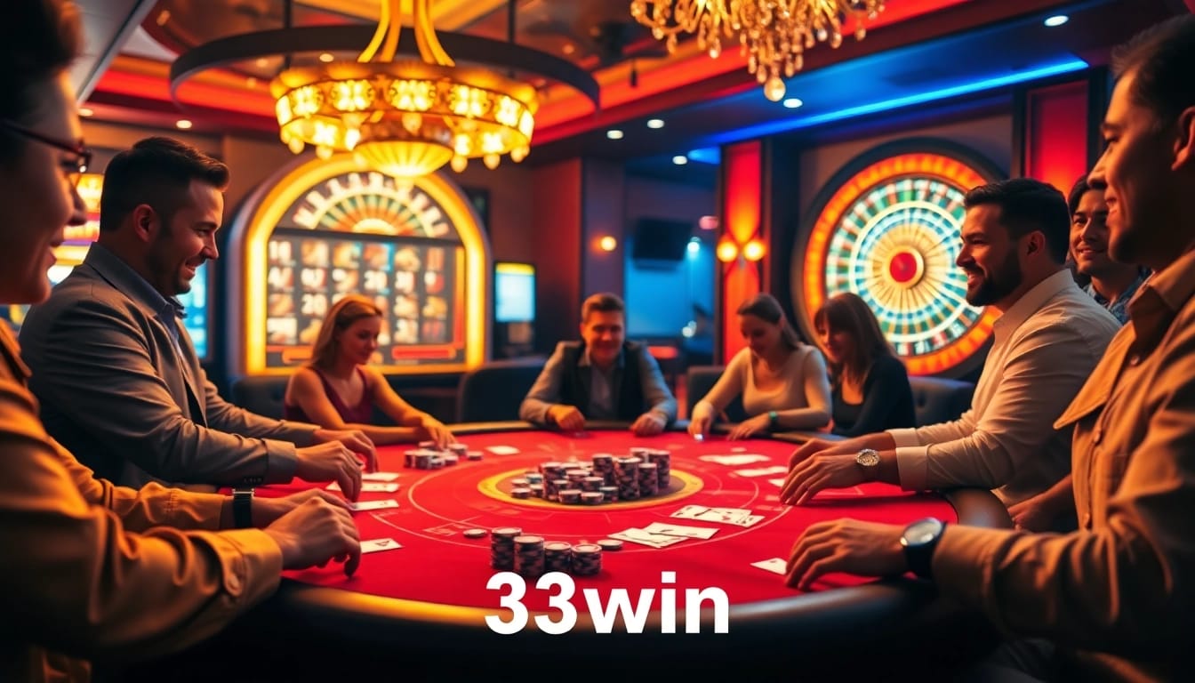 Excited gamblers placing bets at a high-stakes poker table in the luxurious 23win casino.