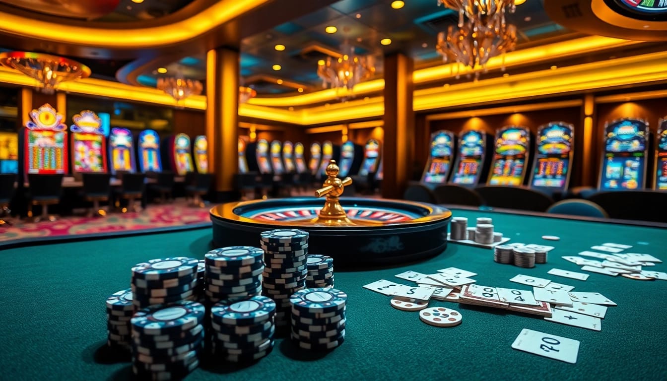 Nohu90 players engaging in an exciting casino experience with vibrant slot machines and poker tables.