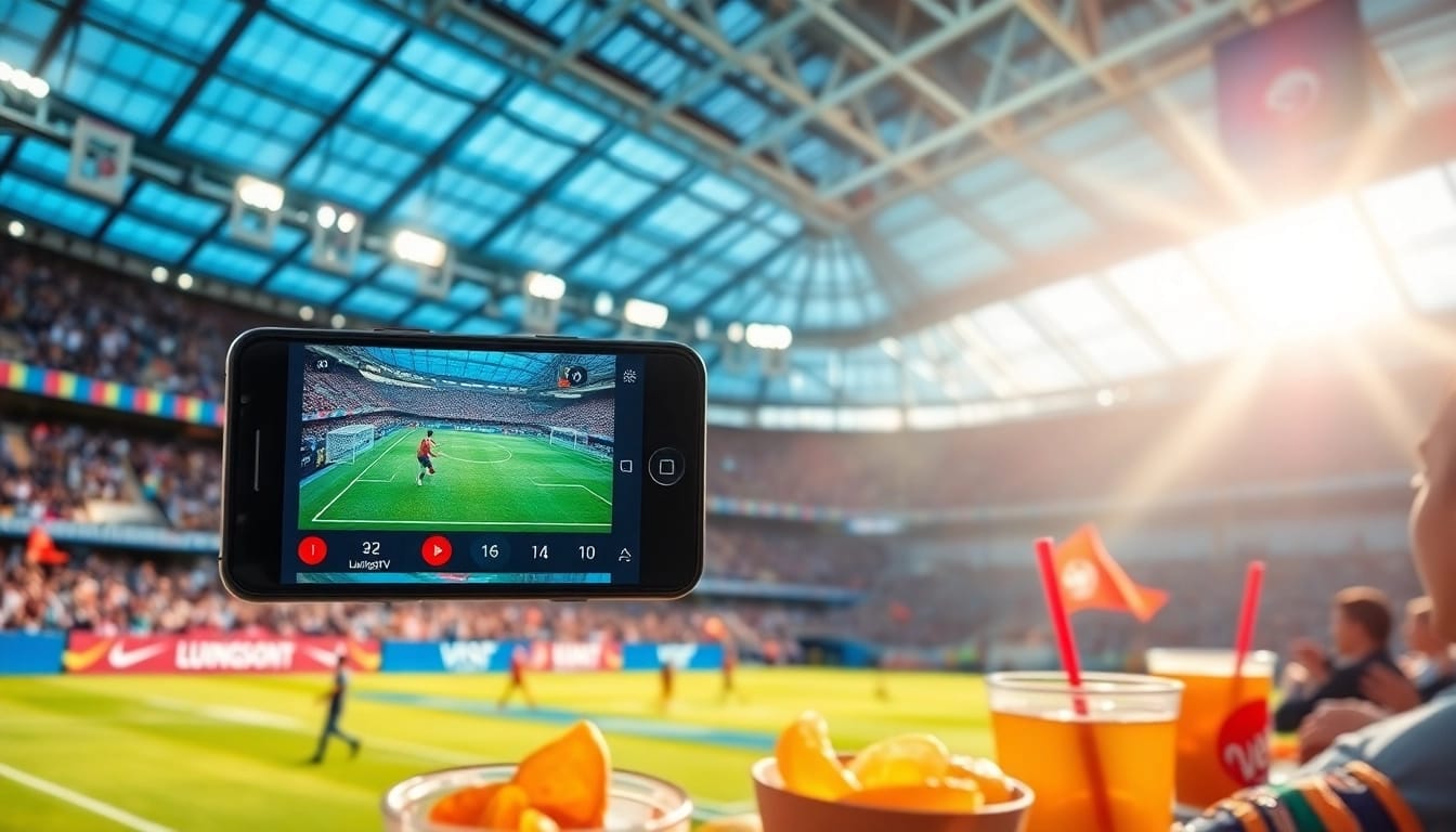 Exciting football fans engaging with LuongSonTV during a live streaming match in a vibrant stadium.